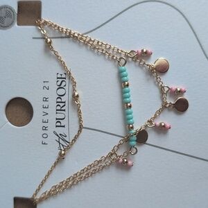 Forever 21 Gold Chain Anklet with Blue and Pink Beads New On Card